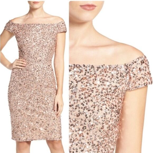 ADRIANNA PAPELL Rose Gold Sequin Dress sequins mini size 4 s off shoulder - Picture 1 of 8